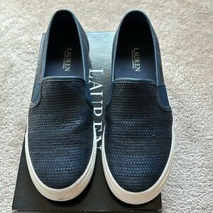 Ralph Lauren Navy Strip Texture Faux Straw Sneakers.
